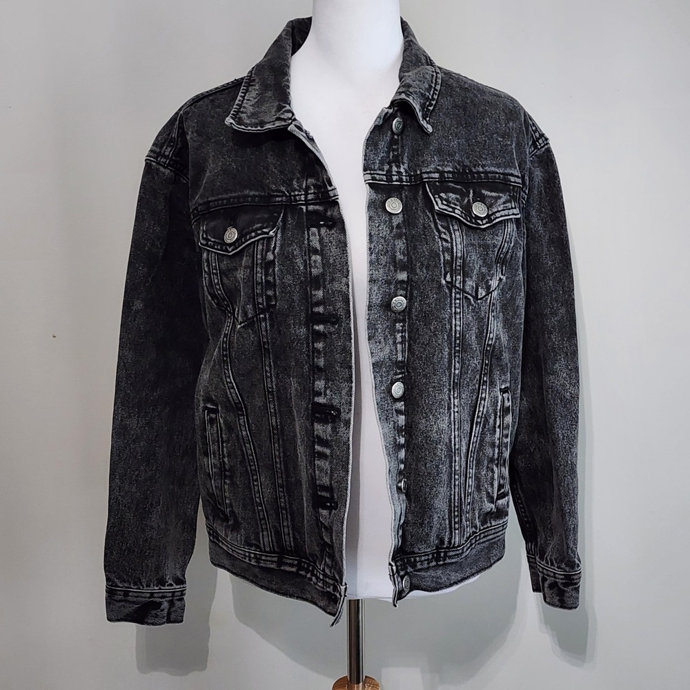 Old Navy Boyfriend Denim Jacket Womens XS Black Acid Wash Oversize Rock Grunge